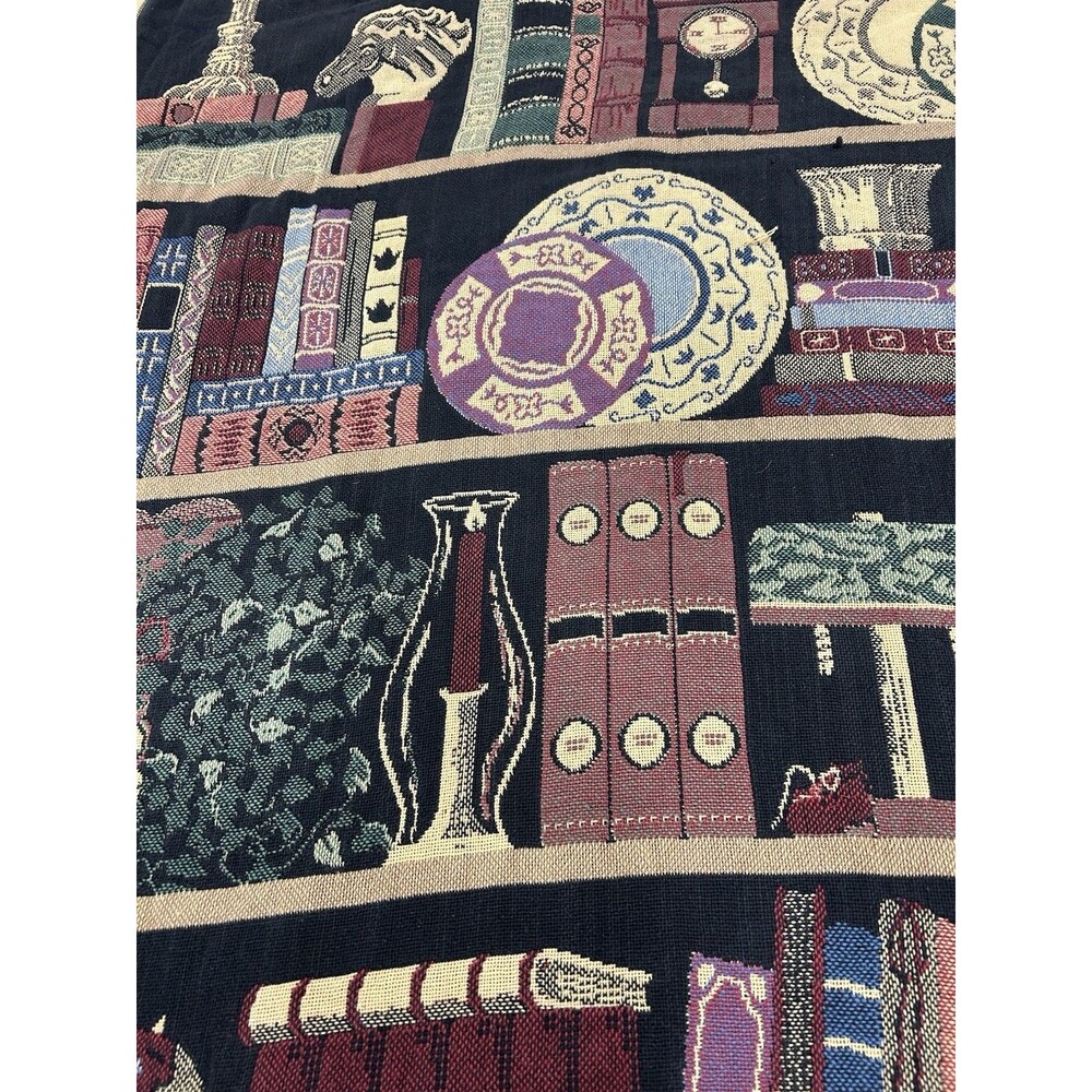VTG Goodwin Weavers Cotton Tapestry Fringe Blanket Library Book Shelf 68”x49” - Picture 5 of 11